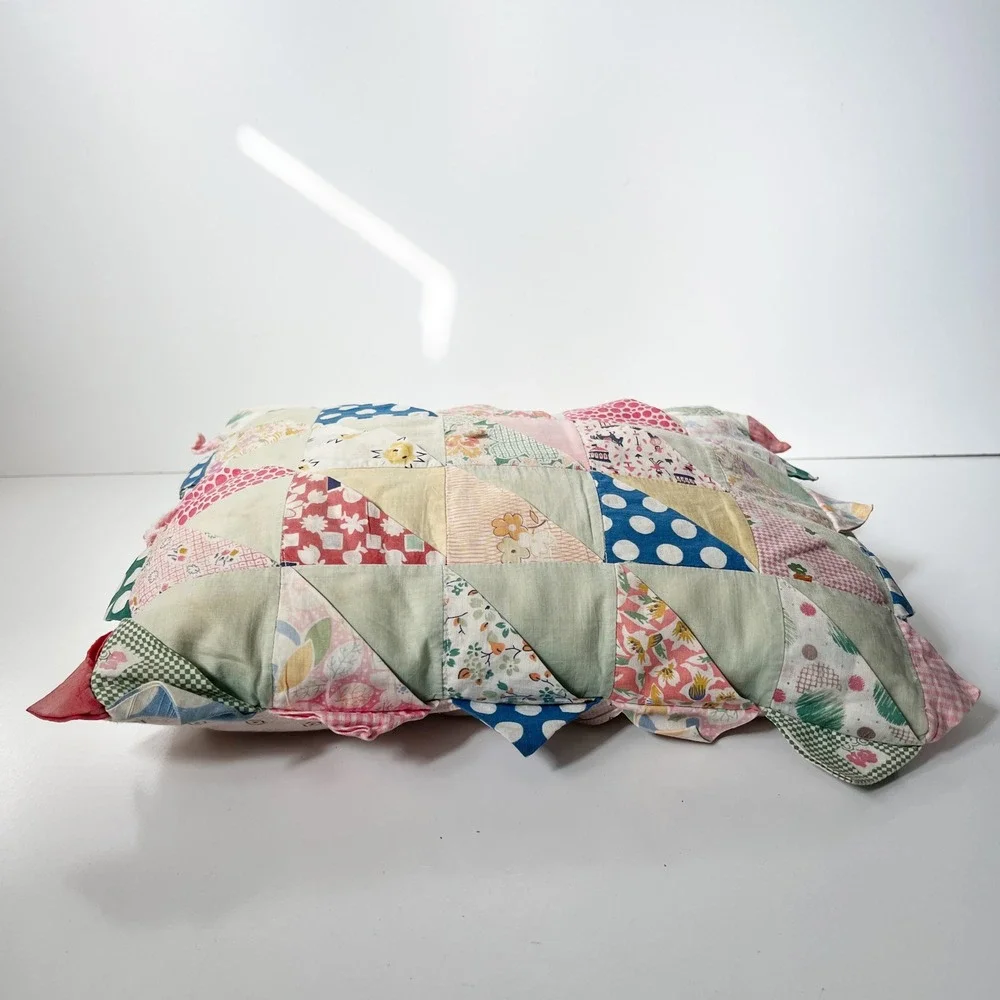 Vintage Handmade Patchwork Quilt Toss Pillow Multicolor Prairie Point Trim Folk